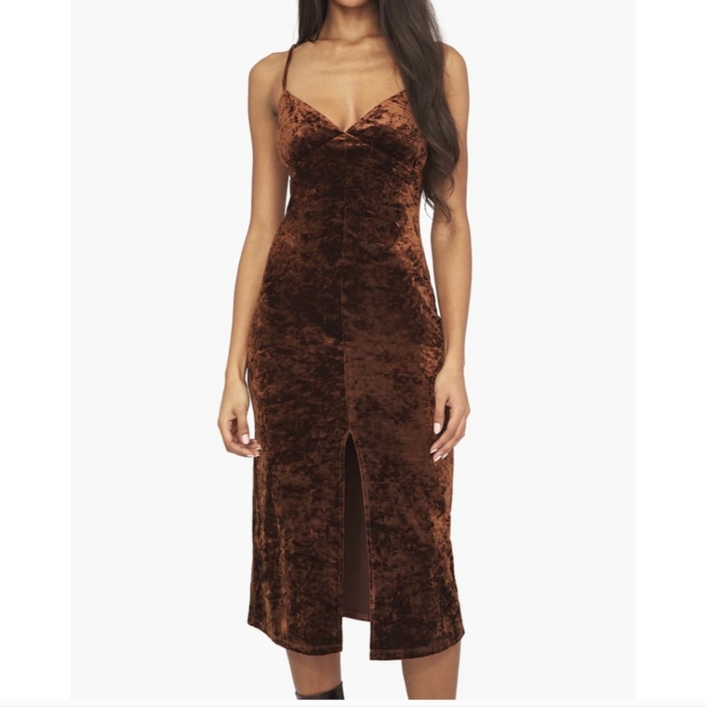 WE WORE WHAT Velvet Slip Dress With Slit Brown Rust Size M